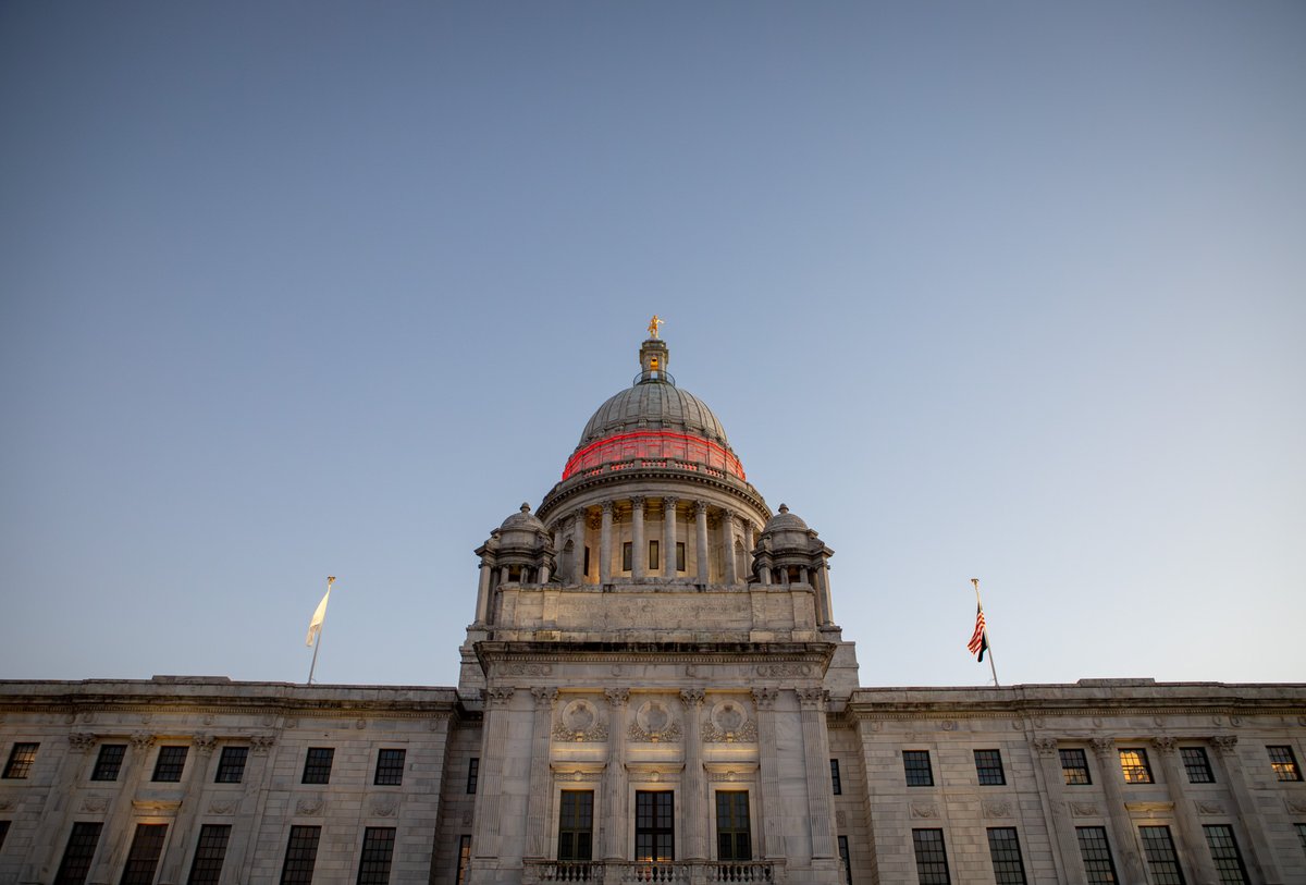 RIHouseofReps's tweet photo. House Majority Leader @repkazarian and @OBrien2024forRI participated in a State House event with @DecodDyslexiaRI to celebrate #DyslexiaAwarenessMonth.  

In recognition of this event, the State House was lit up in red. https://t.co/CJaYVCReXC