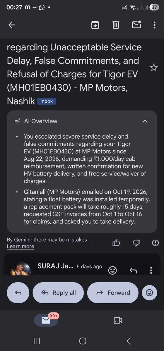 ja22553316's tweet photo. @TataMotors @Tata_Voice @ConsumerForumIN
​​Severe harassment by MP Motors Nashik! My Tigor EV (MH01EB0430) is stranded since Aug 22. Oct 19 email confirms current battery is temporary &amp; a new pack takes ~15 days. Now Sagar Gaikwad &amp; team deny it!
​Fix this!
​NCH docket: 10498328 https://t.co/ebn3IU5x6u