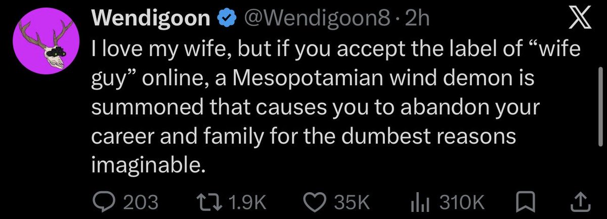 Awk20000's tweet photo. Wendigoon on the curse that awaits those who accept the “wife guy” label online https://t.co/fOp5Q785lr