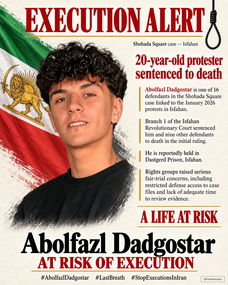 FreeInnocents's tweet photo. 🆘AT RISK OF EXECUTION IN IRAN🆘

Abolfazl Dadgostar
20 years old
Innocent Protester
Shohada Square case Isfahan

Arrested in connection with the January 2026 uprising

Sentenced to death

His life is at risk.
His death sentence must be overturned.

@UNHumanRights @ICRC @hrw @amnesty @UN @UN_HRC @IntlCrimCourt @POTUS @HengawO @antonioguterres @drmaisato @UN_Spokesperson

#AbolfazlDadgostar
#StopExecutionsInIran