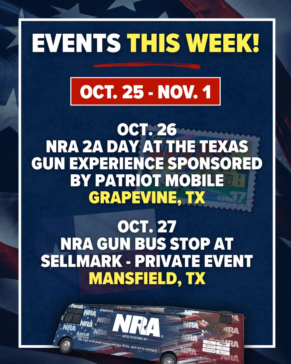 NRA's tweet photo. We're hitting the road for one final week of the 2026 NRA Gun Bus Battle Ground Tour! 🇺🇸

We're continuing across the Lone Star State all week long as we head toward Election Day.

Learn more about our upcoming stops: https://t.co/KdzxtNitce https://t.co/ARDKSX20OC