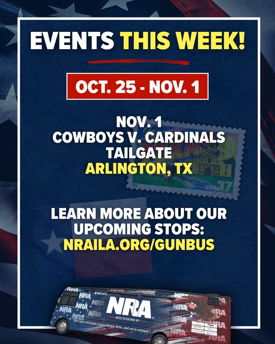 NRA's tweet photo. We're hitting the road for one final week of the 2026 NRA Gun Bus Battle Ground Tour! 🇺🇸

We're continuing across the Lone Star State all week long as we head toward Election Day.

Learn more about our upcoming stops: https://t.co/KdzxtNitce https://t.co/ARDKSX20OC