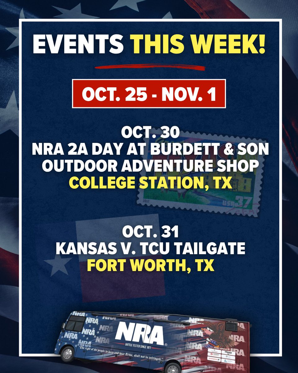 NRA's tweet photo. We're hitting the road for one final week of the 2026 NRA Gun Bus Battle Ground Tour! 🇺🇸

We're continuing across the Lone Star State all week long as we head toward Election Day.

Learn more about our upcoming stops: https://t.co/KdzxtNitce https://t.co/ARDKSX20OC