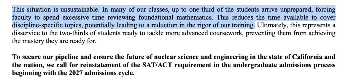 garryslist's tweet photo. Up to a third of students in UC Berkeley nuclear engineering classes arrive unprepared in math, per the department’s own faculty.

They asked UC to bring back the SAT/ACT for 2027. UC says it will bring it back Fall 2028 at the earliest.

Weigh in: https://t.co/2xcEJEvchR https://t.co/rSse8NJBLt