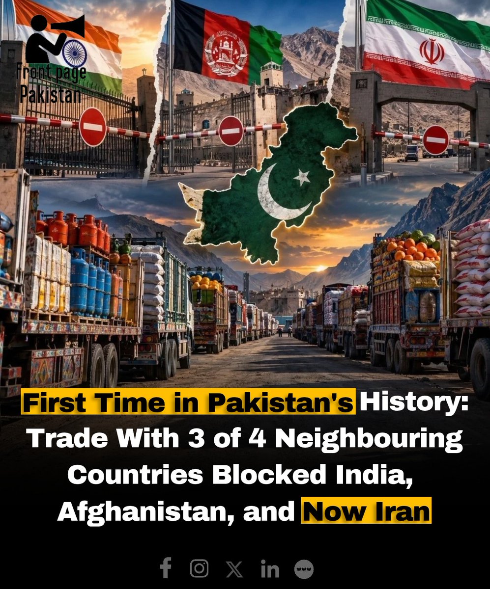 FrontPak9's tweet photo. Pakistan’s trade, ties with three of its four neighbouring countries—India, Afgh-anistan, and Ir-an—are facing major, restr-ictions, or disruptions. With trade with India largely, suspended, border trade, with Afgh-anistan, severely disrupted, 

#Pakistan #India #Afghanistan https://t.co/pzayvxtqc4