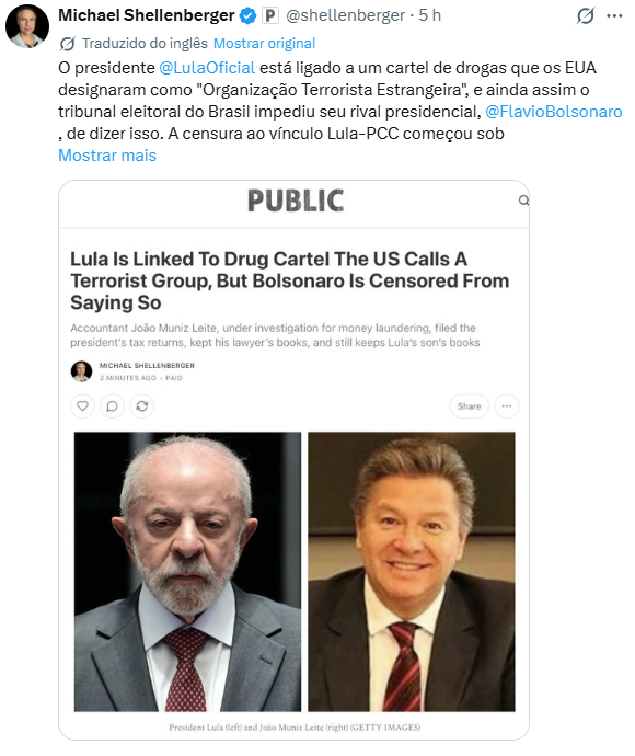 SilvaWaldi9750's tweet photo. 🚨URGENTE: JORNALISTA DOS EUA DENUNCIA LULA E LULINHA LIGADOS AO PCC VIA CONTADOR! Shellenberger expõe tudo e detona censura do TSE contra Flávio Bolsonaro! O X VAI PARAR COM ESSA BOMBA! https://t.co/bvwPZVLMTF