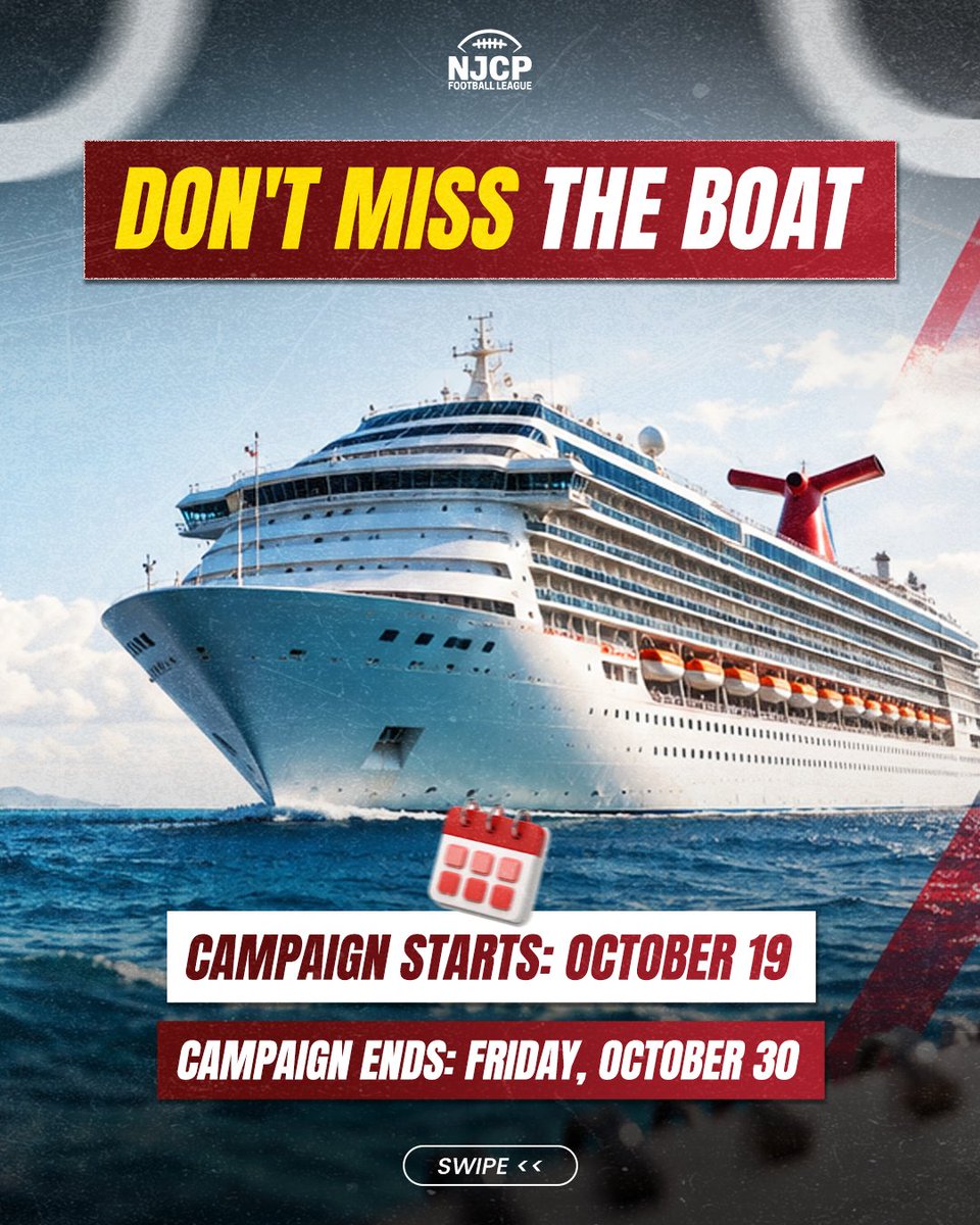 NJCP_Football's tweet photo. GIVEAWAY ALERT! 🚨 

Support NJCP Football and get away by winning a Carnival Cruise for two! Every $5 donation equals one entry into our drawing, meaning every contribution increases your chances to win. The campaign is officially active and ends on Friday, October 30, so do not miss the boat! 

Ask your favorite player or team for their direct donation link, or scan the QR code to use the main NJCP link. Tune in for the winner reveal during our live drawing on Monday at 7:00 PM MT on NJCP LIVE! 🏈🚢 #NJCPFootball