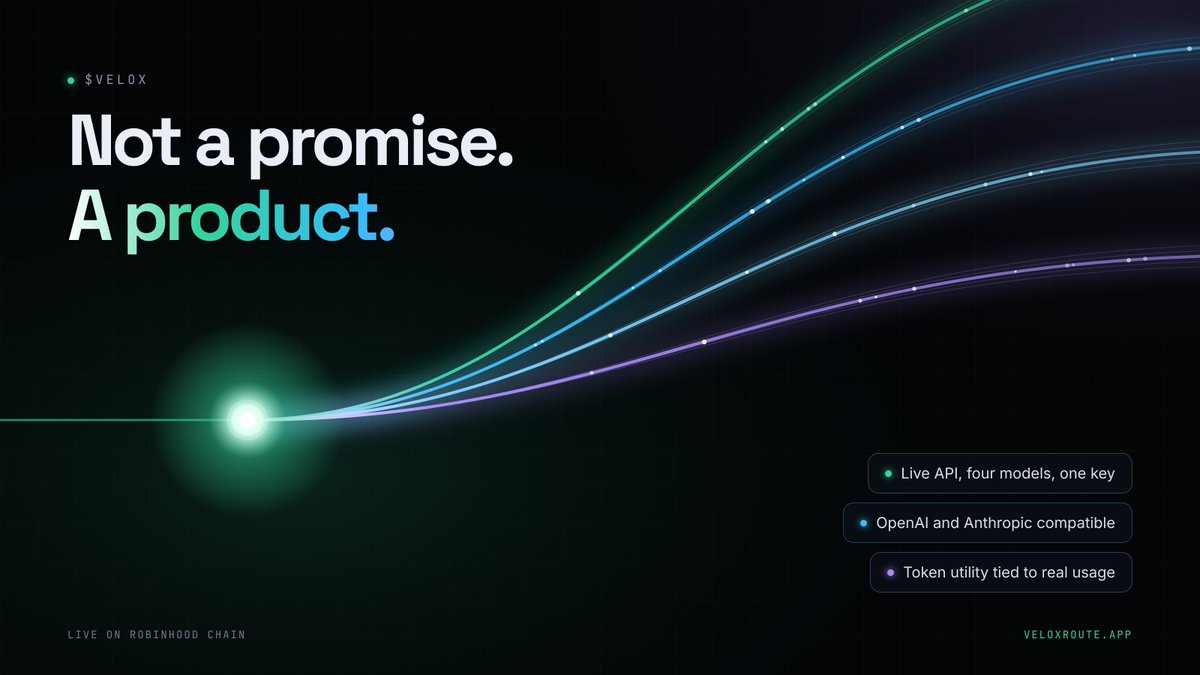 Veloxroute's tweet photo. most tokens launch with a roadmap and a dream

VELOX launched with a live API people can use today. four models, one key, pay per token. and the token plugs right into that, starting with cheaper tokens for holders https://t.co/TeuYwcGAMA