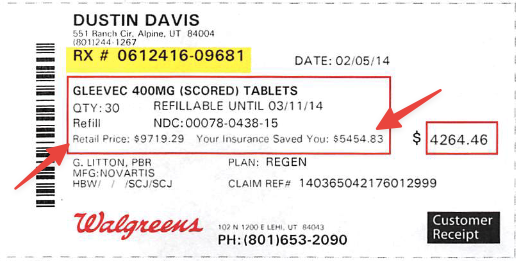 DustinDavis's tweet photo. I found an old receipt of my cancer pills I used to take. Check out the retail price and how much my insurance saved me. This was for just 30 days worth. I took these pills for 11 years.

In 2017 their patent expired. Now you can buy them generic with a simple generic co-pay. https://t.co/4vfkgUgC1r