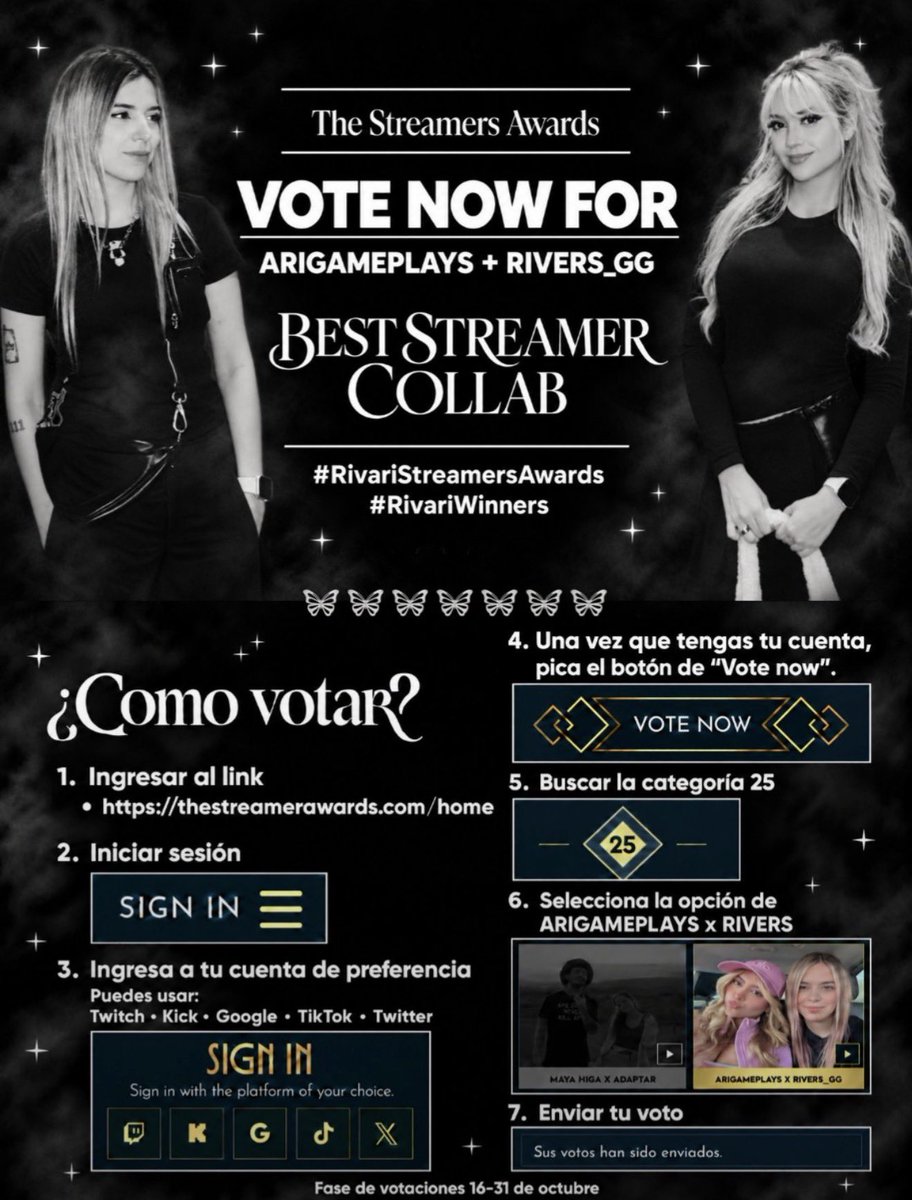 karivalaktorr's tweet photo. ALIANZA VOTO X STREAM
🐣 𝗞𝗔𝗥𝗜𝗡𝗔 𝗫 𝗥𝗜𝗩𝗔𝗥𝗜 ❤

— ¡HERMANAS! La comunidad de Ari & Rivers (@anyx_gg ) se une a nosotros para apoyar la canción de nuestra licenciada “CHA-K-LON en Spotify.

Esta vez nos toca devolverles el apoyo votando por ellas en los premios “The Streamer Awards” en la categoría 25. 

🏆 𝗕𝗲𝘀𝘁 𝗦𝘁𝗿𝗲𝗮𝗺 𝗖𝗼𝗹𝗹𝗮𝗯
🧷: https://t.co/KXPBuaA0bD

📷 ES IMPORTANTE DEJAR SUS CAPTURAS DE LOS VOTOS CORRESPONDIENTES ‼️

Gracias a la comunidad Rivari por la confianza y sobre todo por apoyar a Karina Torres✨💚