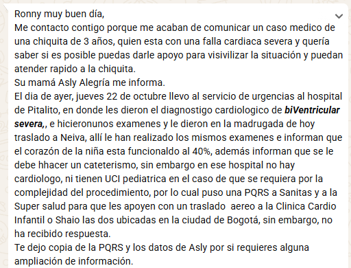 RonnySuarez_'s tweet photo. 🚨 Urgente @sanitas_eps @Supersalud 

Caso de riesgo vital. Una niña de tres años con falla cardiaca requiere remisión urgente desde Neiva a Bogotá para una cirugía de alto riesgo. Necesitamos apoyo inmediato. @AnaVesga_G @GodoyMariaA_ https://t.co/vZhqr7jagr