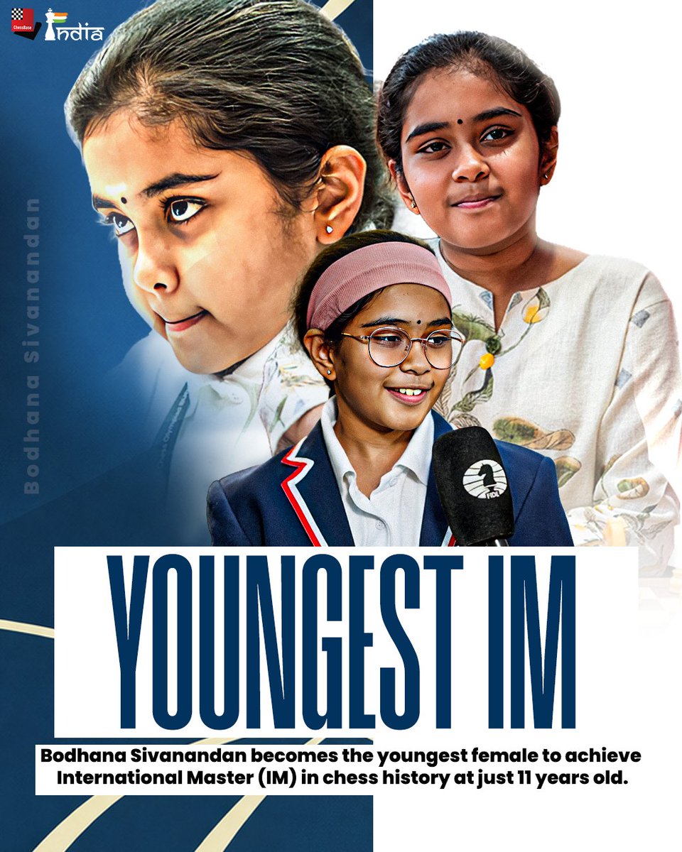 ChessbaseIndia's tweet photo. A huge congratulations to Sivanandan Bodhana on becoming the World's youngest Female player to achieve the International Master title! 

At the age of just 11 years, 7 months and 16 days, Bodhana scored her final IM norm at the European Chess Club Cup for Women. What a feat! https://t.co/V4e1y8BFcA