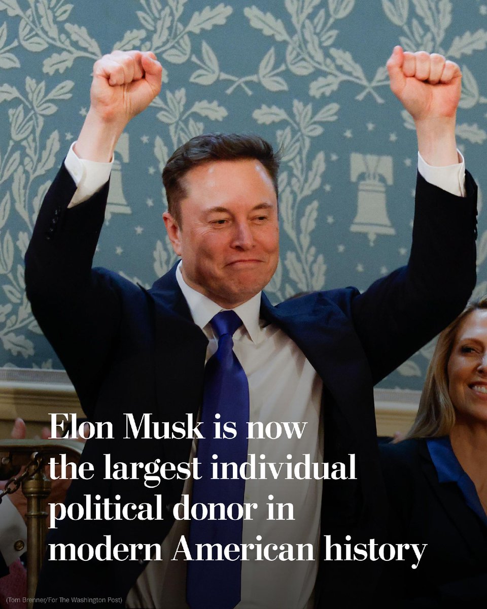 washingtonpost's tweet photo. Elon Musk has cemented his record as the largest individual political donor in modern American history.

Musk poured $446 million of his own money into this year’s midterm elections, mostly aimed at preserving the Republican Party’s control of Congress. https://t.co/8vEBOJHTKR https://t.co/yKDDU8VDIn