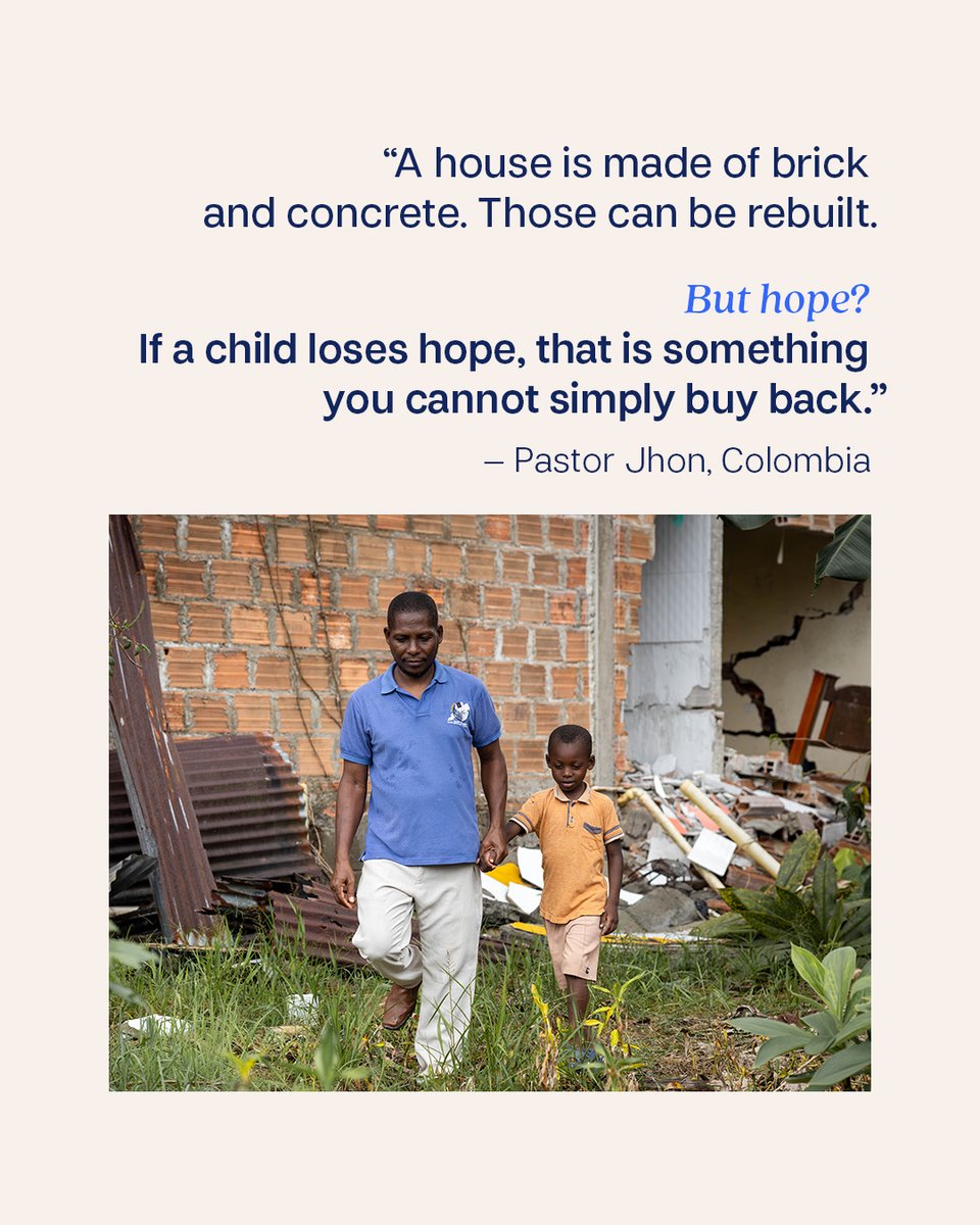 compassion's tweet photo. An earthquake took Pastor Jhon’s house. It didn’t take his church, or the families Compassion had come to know and support there. Together they kept hope alive, one warm meal at a time. https://t.co/X30FkfuKOS