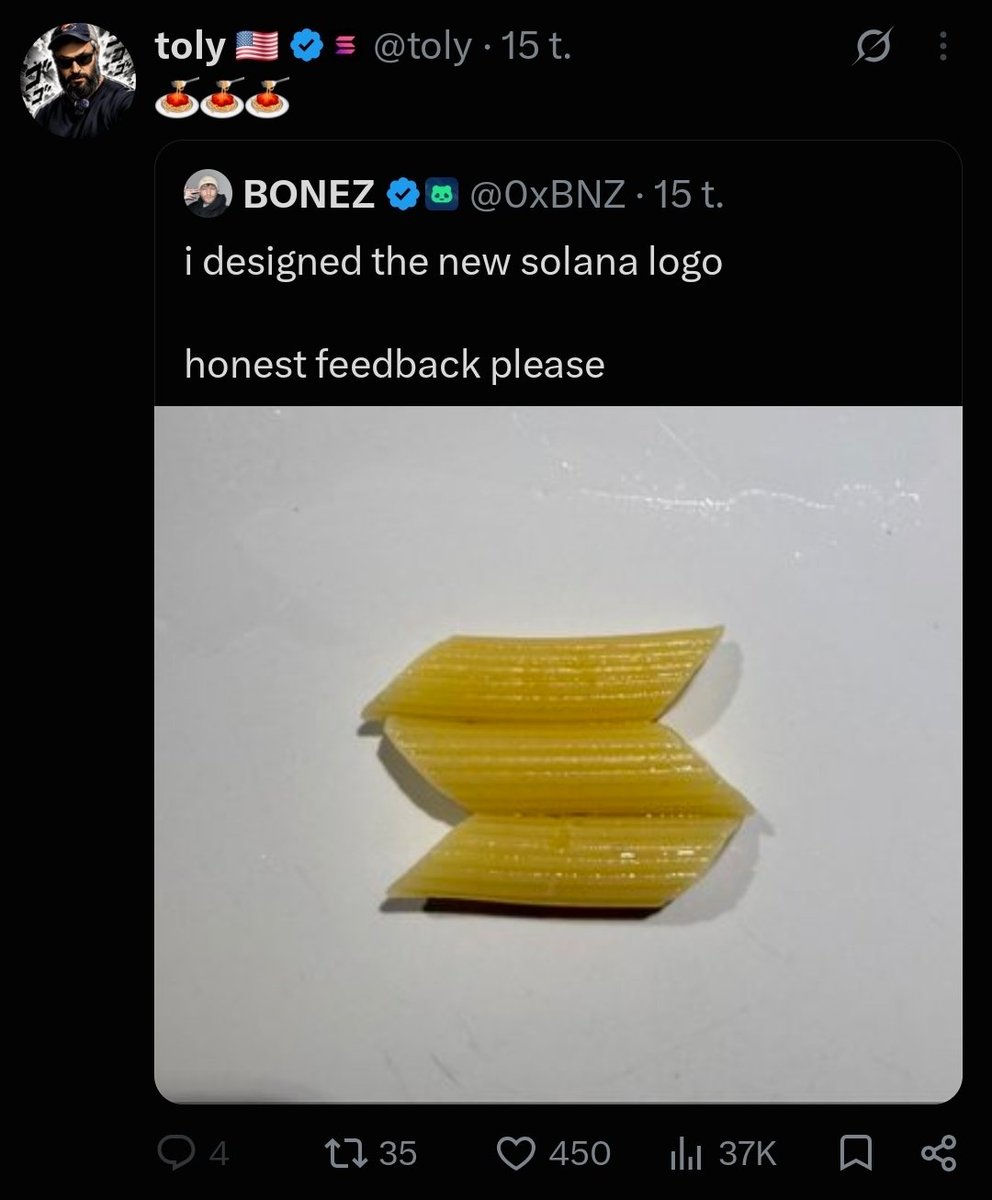 PASTALANA's tweet photo. 🍝💜 THE ORIGIN OF PASTALANA

It started with a simple shitpost.

@0xBNZ arranged penne pasta into the shape of the Solana logo and posted:

“i designed the new solana logo — honest feedback please”

👀 @solana replied: “WOW”

🍝🍝🍝 @toly joined in with a quote tweet.

Then BONEZ delivered the final punchline:

“SO FUCKING LANA 💜”

And just like that, Pastalana was born.

🍝 PASTA + SOLANA = PASTALANA.

A pure shitpost. A community-driven meme. A creation that could only happen on Solana.

Now, the meme has made its way to https://t.co/ulay7rL7fP, inspiring launches built around the original moment.

Sometimes, the best memes aren't planned. They're cooked. 🍝🚀💜

CA: "HwpnRcwoECqDMDERLBbuyJ6E5YV3fNH59CqYWNotpump"

#Pastalana #Solana #Memecoin

💜 JOIN THE COMMUNITY:
https://t.co/j6VYhDhRJ9

https://t.co/zjcY6etbDQ

https://t.co/dm0gJKOzvx

https://t.co/jFzW7T76LD