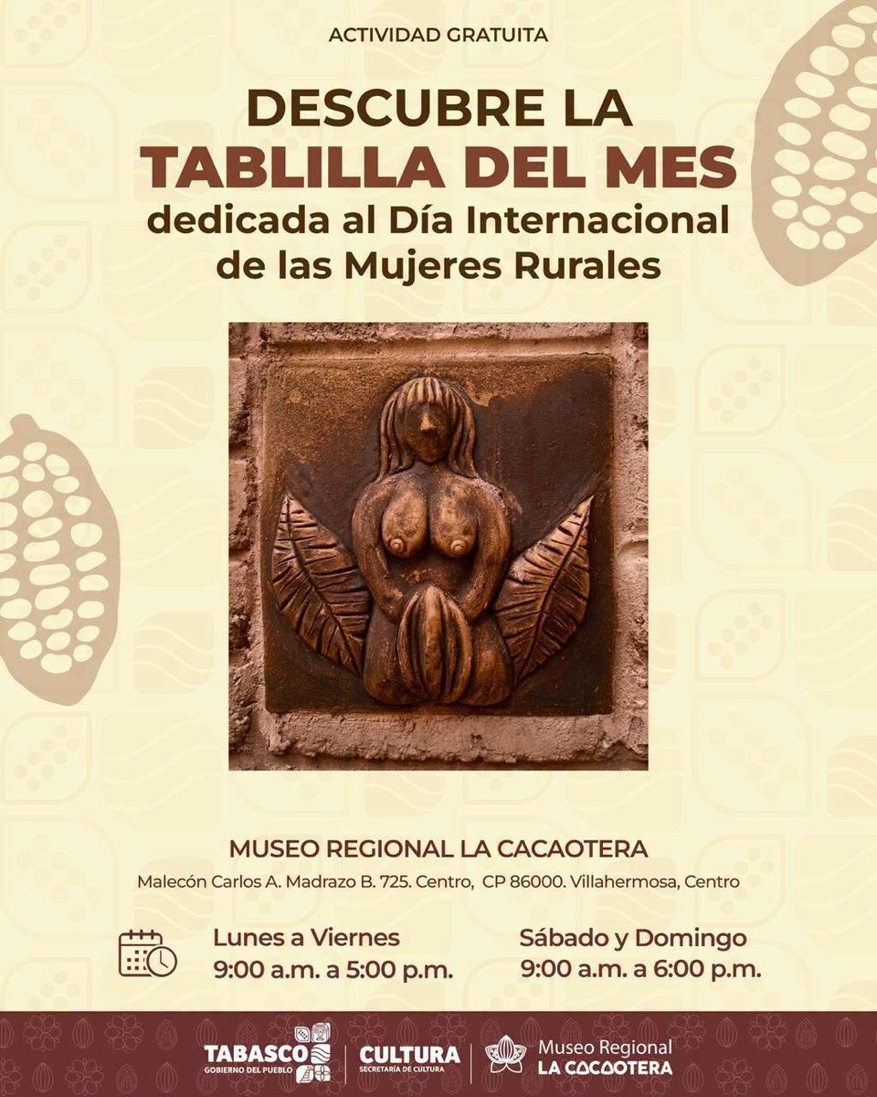 SolDelSureste's tweet photo. 🔴#Entérate| La Secretaría de @Cultura_Tabasco te invita a conocer la pieza que durante octubre presenta el ‘Museo Regional La Cacaotera’, dedicada al Día Internacional de las “Mujeres Rurales”.🌱🌽

✨Síguenos en Redes Sociales

|#Noticia |#Tabasco |#ElSolDelSureste https://t.co/GWbJYG7eiy