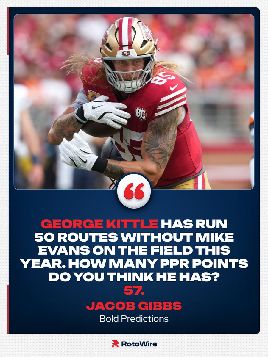 RotoWire's tweet photo. George Kittle’s TPRR this year:

With Mike Evans on the field: 18%
With Evans off the field: 38%

3 of his TDs have come with Evans off the field. 😳

@jagibbs_23 broke down the split on Bold Predictions. https://t.co/KIDmA2Jnpg