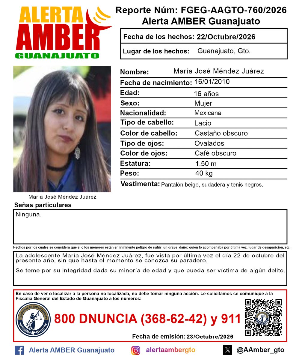 AAMBER_gto's tweet photo. Activación de la Alerta AMBER Guanajuato de la adolescente María José Méndez Juárez de 16 años, Guanajuato, Gto. ¡Ayúdanos a localizarla! https://t.co/ofsI1ce1wK