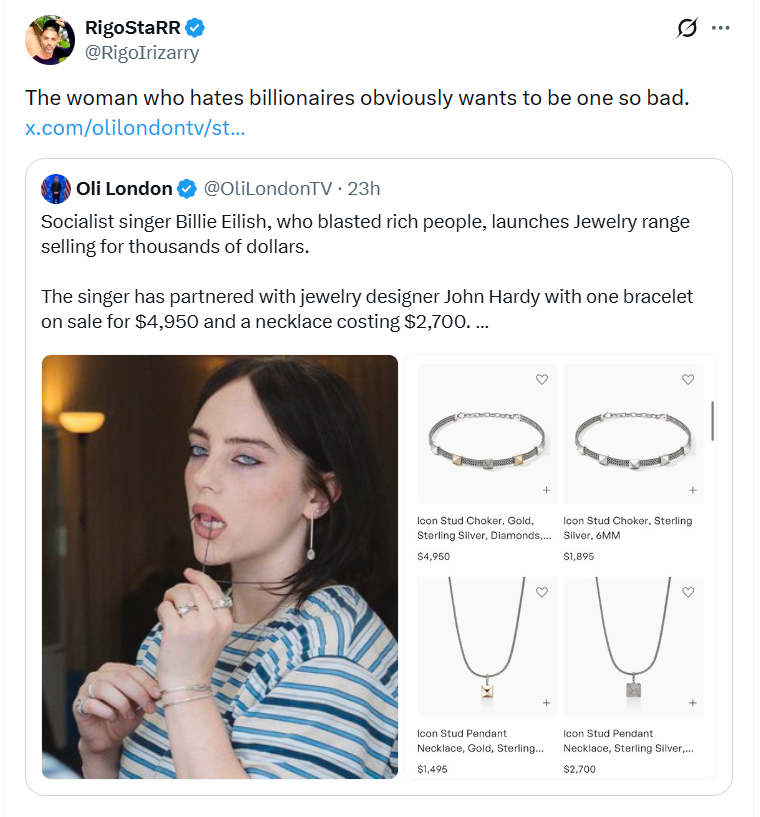 JamieValues's tweet photo. Funny how Billie Eilish demanded that rich people give away their money while here she is selling expensive jewelry. What a hypocrite. I hate that insufferable cow. Everything that comes out of her mouth is garbage. Her music sucks too so she isn't as good as she think she is. https://t.co/a87qVSux85