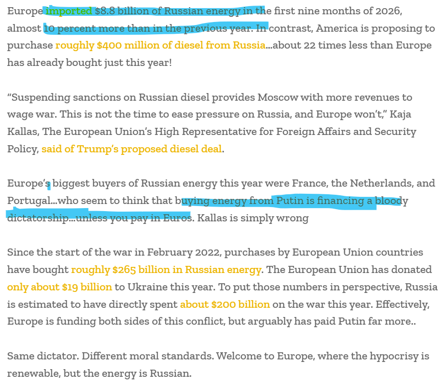 AndrewCFollett's tweet photo. Europe is funding both sides of the war in Ukraine...by purchasing Russian energy from Putin to the tune of billions a year.

At the same time, they're FURIOUS with the US for merely proposing buying 22 times less Russian energy! https://t.co/8zzkS4Yqf3