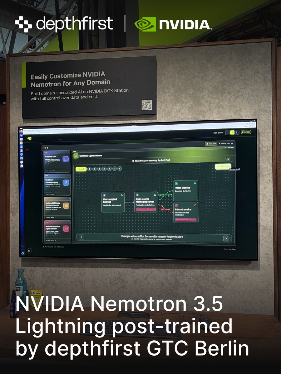 depthfirstlabs's tweet photo. We are showcasing our work with @nvidia to post-train Nemotron 3.5 Lightning for defensive cybersecurity at GTC.

As AI makes cyberattacks faster, cheaper, and more common, we need to equip defenders with advanced cyber intelligence that is affordable enough to be always on.

That's what we're building at depthfirst: powerful, specialized security models that defenders can run on their own infrastructure, with full control over their models and data, at a fraction of today's cost.

We're proud to work with NVIDIA to strengthen the U.S. AI cybersecurity ecosystem and help put sovereign security intelligence in the hands of defenders.