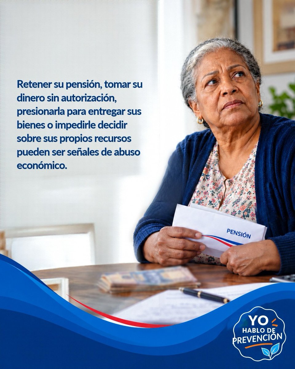 CONAPERD's tweet photo. Retener la pensión, tomar dinero sin autorización o presionar para entregar bienes son señales de abuso económico.

Desde el CONAPE, nos unimos al Ministerio de la Mujer en la campaña «Hablemos de Prevención» para proteger la autonomía y dignidad de las mujeres adultas mayores. https://t.co/tGHITNmYKr