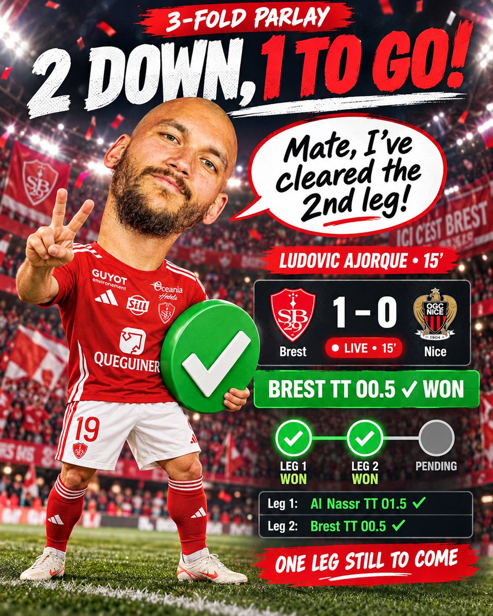 JSimIsHere's tweet photo. ⚽️3-fold parlay:
2/3 Brest 1-0 Nice @ 15'
✅Brest TT O0.5💰

Ludovic Ajorque scored on 15'

1/3 to come.👀🔥

#BRESTvsNICE #LigueOne 
#Football #FootballBets 
#BettingCommunity #BettingTips #MatchPredictions #SportsGambling #GamblingX https://t.co/GQ6If0vGrr