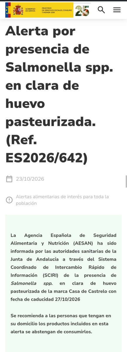 AESAN_gob_es's tweet photo. ⚠️ Alerta por presencia de Salmonella spp. en clara de huevo pasteurizada.
🚫 No consumir
📌 https://t.co/jAazfSQ0Qe https://t.co/9TfYmoSIpO