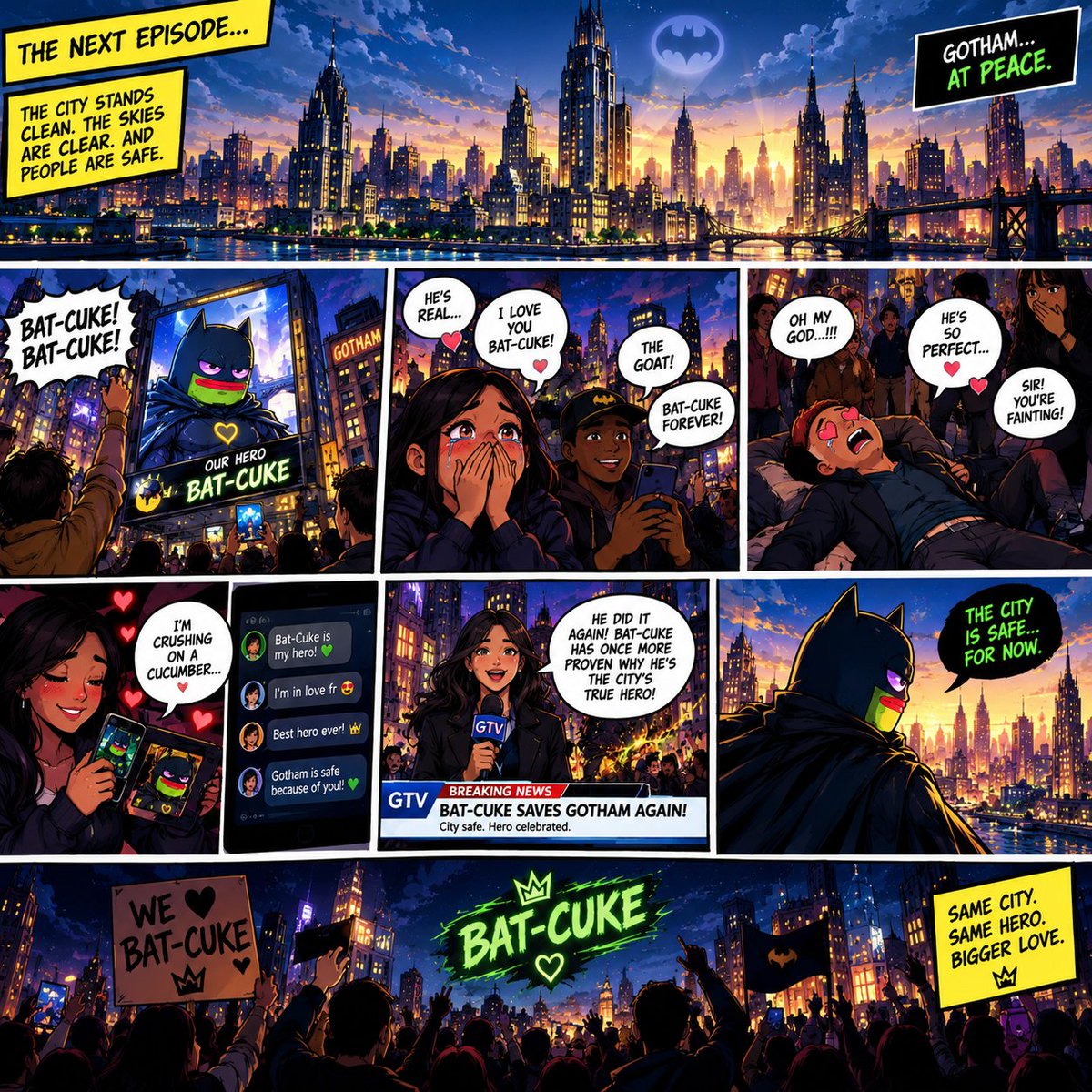 DoTcomLegeend's tweet photo. 💚🦇 The city is clean, the people are safe, and Gotham is chanting ONE name… BAT-CUKE! 😭🥰🔥 Even the fans are fainting! 😂❤️

A hero to the city, a crush to the people. 👑💚 #BatCuke #Cuke 

@mistercuke x @cukecoins https://t.co/TLPAU2o3DP