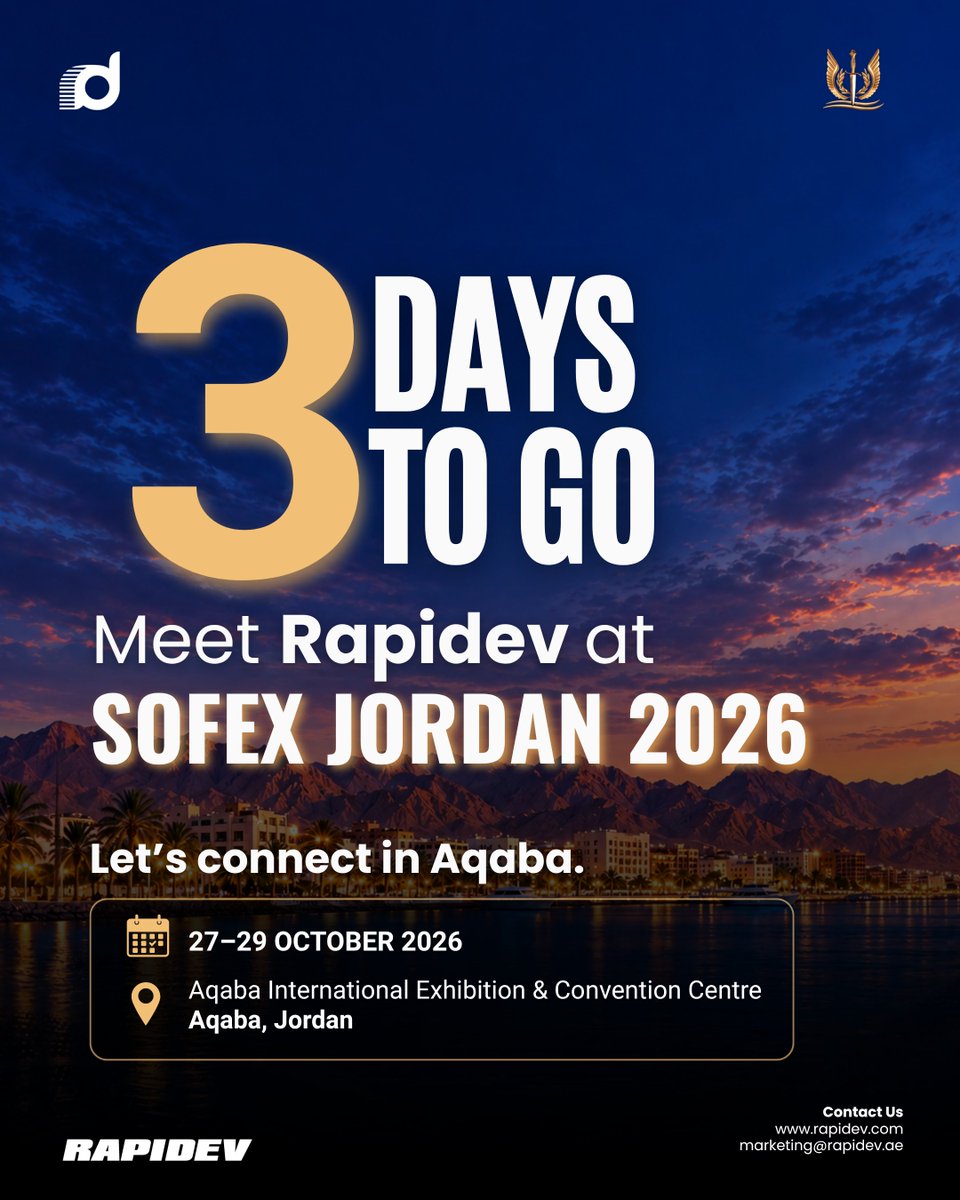 RapidevGroup's tweet photo. 𝟯 𝗗𝗮𝘆𝘀 𝘁𝗼 𝗚𝗼!
Rapidev will be exhibiting at SOFEX Jordan 𝟮𝟬𝟮𝟲.
📍 Aqaba International Exhibition & Convention Centre (AIECC), Jordan
📅 27–29 October 2026
📌 Stand H104
𝗦𝗲𝗲 𝘆𝗼𝘂 𝗮𝘁 𝗦𝗢𝗙𝗘𝗫!
#Rapidev #SOFEXJordan #SOFEX2026 #SecuritySolutions https://t.co/GGcnSYMs44