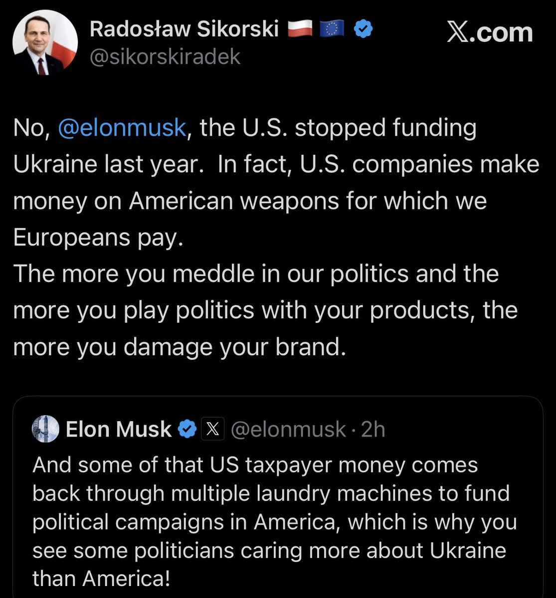 Tendar's tweet photo. Poland’s Foreign Ministry Sikorski not only reminds Elon Musk that the USA haven’t been paying a cent to Ukraine in almost two years and in fact even benefited from the arms sales, but also schooled him that he is only damaging his brands when meddling in foreign countries. https://t.co/f6v57eMKV7