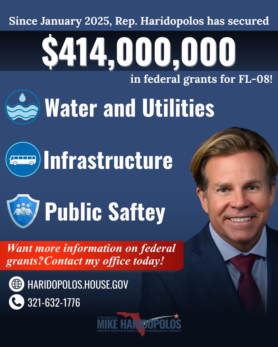 A political promotional graphic featuring a portrait of a smiling male representative beside a large federal-grants funding claim and three illustrated categories: water and utilities, infrastructure, and public safety. Contact information and a campaign-style logo appear at the bottom.