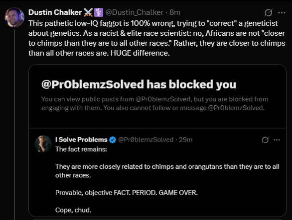 Dustin_Chalker's tweet photo. @Maxaryan33 Observe the pattern.

This cowardly, retarded cocksucker thinks declaring his own victory in all caps and blocking an intellectually superior opponent constitutes some kind of victory. 🤣

Pathetic subhuman worm. https://t.co/z3eLf7rr3Q