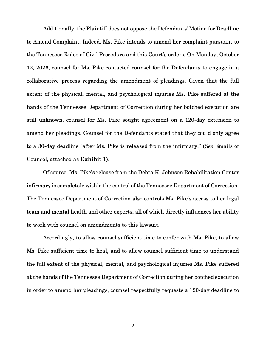 conlin_lauren's tweet photo. CHRISTA PIKE UPDATE: Pike's attorneys say the full extent of her physical, mental and psychological injuries from Tennessee's botched execution remain unknown. In an October 14 filing, her defense requests 120 days to investigate her injuries and amend her lawsuit. The state has offered just 30 days after her release from the prison infirmary. In a separate filing, attorney Randy Spivey alleges the execution team used 10 needles while struggling to find IV access. As reported, Pike complained that her arm felt like it was "about to burst open" before surviving two lethal doses of pentobarbital. A hearing scheduled for today, October 23, was canceled under an October 22 order. No word on the rescheduling.