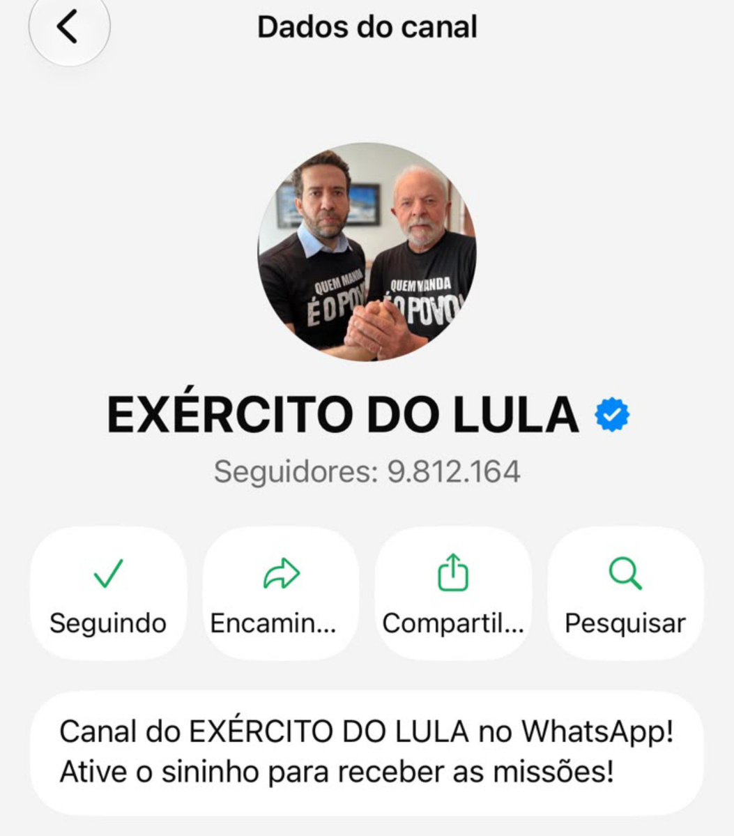 reporterenato's tweet photo. AGORA: Canal Exército do Lula no WhatsApp passa a Netflix e se torna o maior do segmento no Brasil. Espaço virtual ultrapassou a marca de 9,8 milhões de inscritos. https://t.co/KrJGQOtqCd