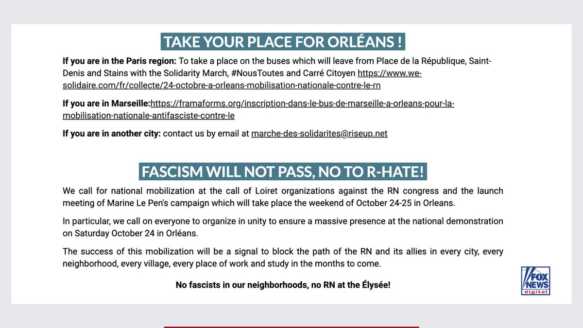 AsraNomani's tweet photo. 2/ FOLLOW THE BUSES 🚌

This isn’t spontaneous.

🚌 Friday night: Riposte Antifasciste Marseille plans an overnight bus to Orléans.

🚌 Saturday, 8 AM: Assemblée Antifasciste de Bagnolet advertises 50 FREE seats for the two-hour trip from Bagnolet town hall to Orléans.

🚌 Other transportation is advertised from Paris, Saint-Denis, Stains, Brest and Tours to Orléans.

SEE THE EVIDENCE OF THE BUS SIGNUP: https://t.co/k4Ix6TASD6

You can still sign up! 🚌

Why Orléans? To harass and terrorize members of Mariane Le Pen @MLP_officiel's political party. 

Even if you oppose Mariane Le Pen, she is the leader of a legal political party. Antifa agitators argue they are performing a moral duty by terrorizing Mariane Le Pen's supporters. 

Psychologist @OrliPeter has educated me on the "humiliation rituals" that groups like ANTIFA, far-leftists and anti-Israel justify as they claim a moral high ground over their targets.

You've seen the videos. They say things like: "KILL YOURSELF."

Read my new @FoxNews Digital @foxnewspolitics story: https://t.co/ZsbzK3GqZ0