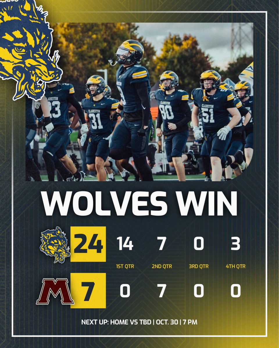 CTownAthletic's tweet photo. 𝐖𝐎𝐋𝐕𝐄𝐒 𝐖𝐈𝐍 🐺 

Clarkston takes down the Big Red’s to close out the regular season and finish 8-1! 

Playoff selection show is on Sunday at 5 PM 📺 

@ClarkstonWolves | @MIPrepZone https://t.co/PnVNRYzu4Y
