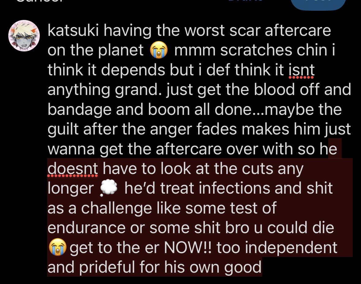 oatiewoatie's tweet photo. katsukis bad aftercare being like an extension of his sh cuz he doesnt feel deserving of such care (esp if the relapse was triggered cuz of like a failure or something similar that he feels responsible for) 💭 ooooooh shittings https://t.co/lTUo848bHJ