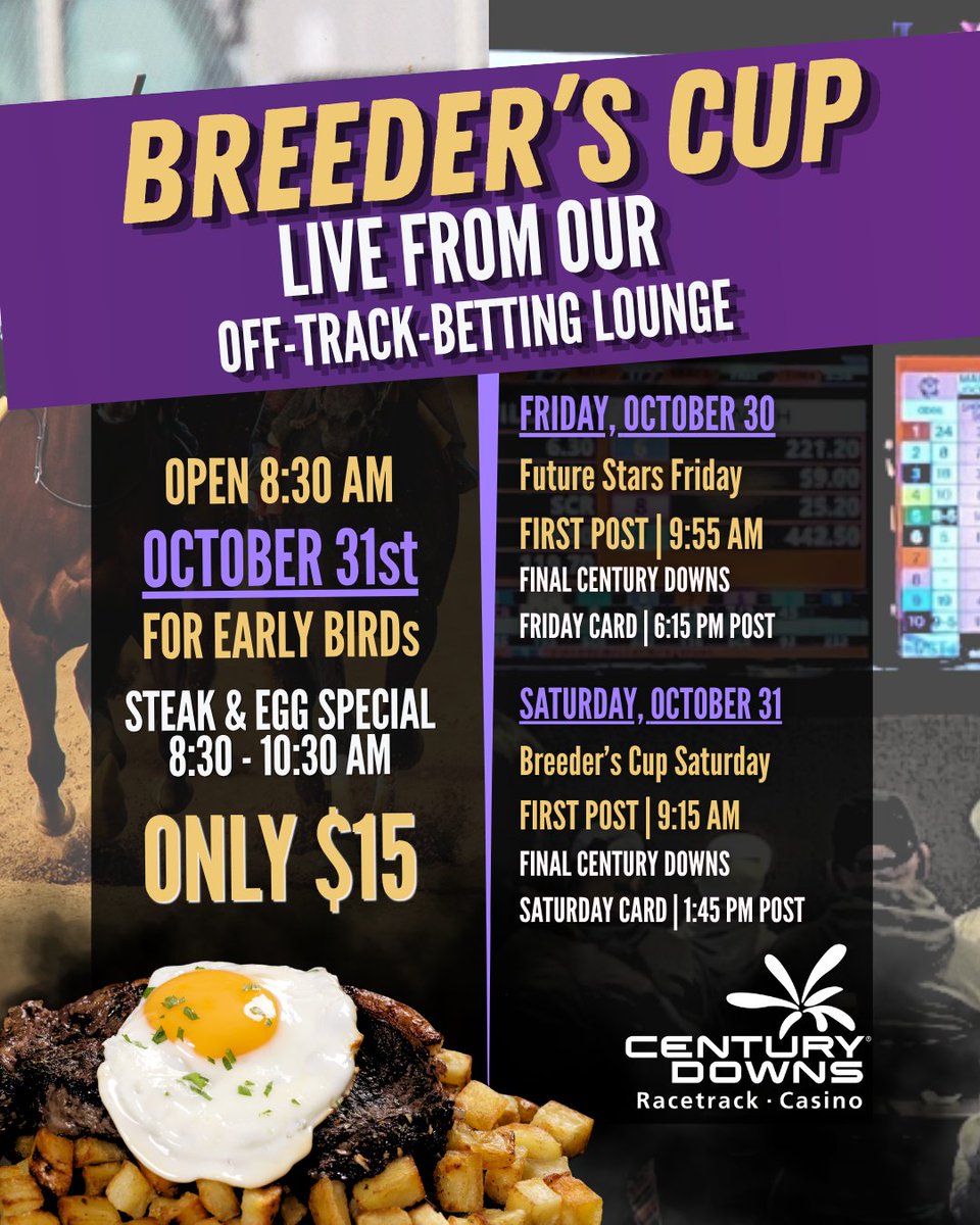 CenturyDowns's tweet photo. 🏇 The countdown is ON for Breeder's Cup! 

⭐ Future Stars Friday | Oct. 30

🏆 Breeders’ Cup Saturday | Oct. 31 | WE'RE OPEN EARLY! | Steak &amp; Eggs, 8:30–10:30 AM | $15!

Catch the Breeder’s Cup LIVE in our OTB Lounge, plus live racing at Century Downs all weekend! https://t.co/Gse4hf1KS7