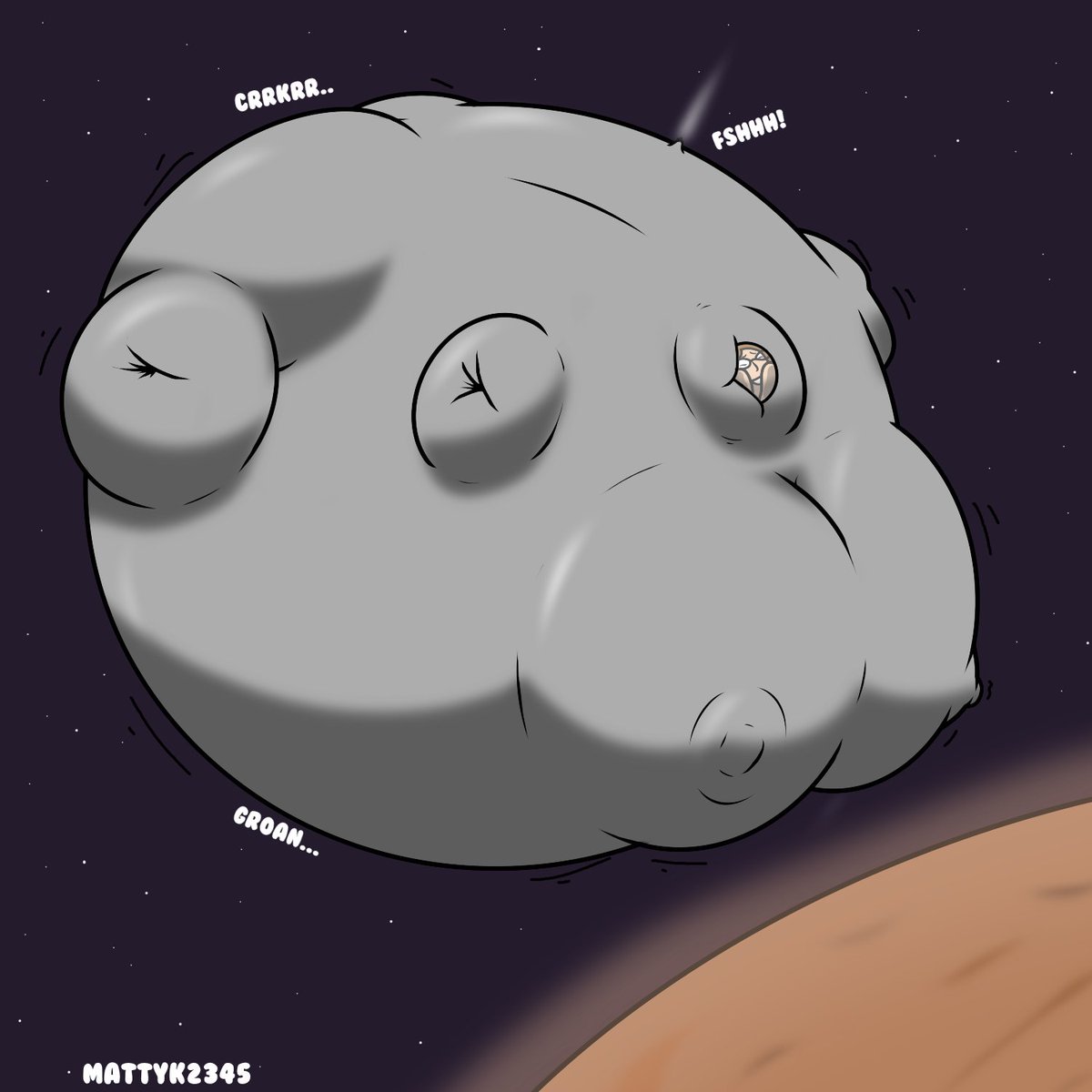 Mattyk2345's tweet photo. Eden's space suit got a tiny pin prick...What started as a funny feeling of her belly, butt and boobs growing, eventually turned into her stuck as a helpless, slowly expanding blimp~! Resembling a small moon as she orbits a planet~  

Gift art for RoundnRosey
#TF #Transformation https://t.co/GjY5oZwRKT
