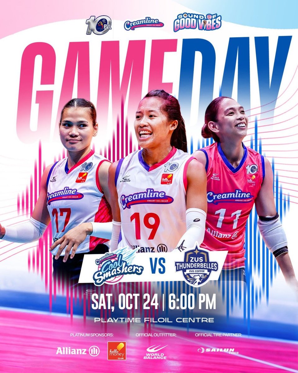 CoolSmashers's tweet photo. GAME DAY, MGA KA-GV! 🍦💗

Ready na ba sa panibagong dose of Good Vibes? See you there, as our Creamline Cool Smashers take on the ZUS Coffee Thunderbelles! 💪🏻

📅 October 24, Saturday
⏰ 6:00 PM
📍 Playtime FilOil Centre

#CreamlineCoolSmashers #PVL10 #SoundofGoodVibes https://t.co/geNyXFvTwg