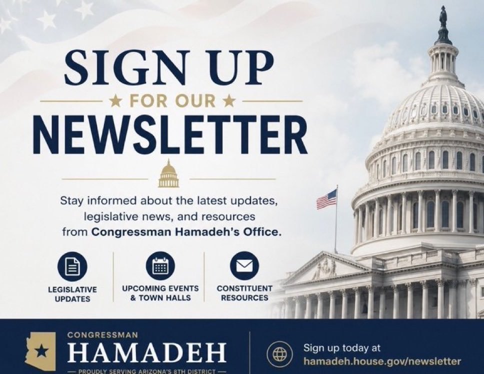 A political newsletter signup graphic featuring the U.S. Capitol building, an American flag, and several icons. It has a blue-and-gold color scheme and includes text.