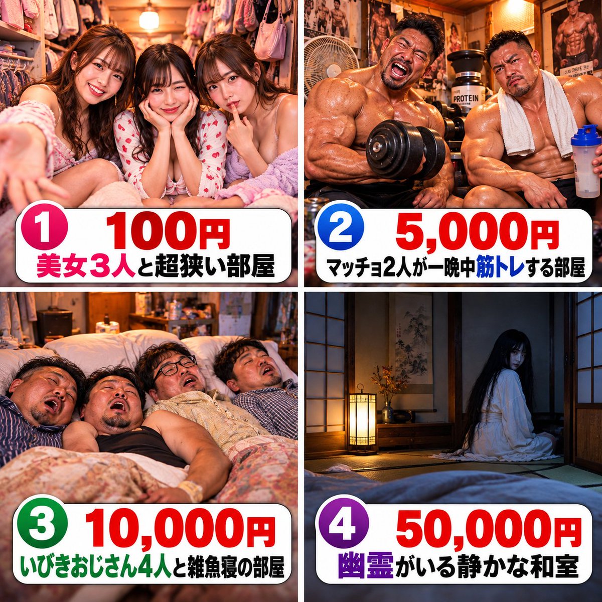 mio_honnetalk's tweet photo. 一晩だけ耐えれば賞金ゲット。

必ずどれか1つの部屋に泊まらなければなりません。

あなたなら何番を選ぶ？ https://t.co/Oc6mbQTRh6