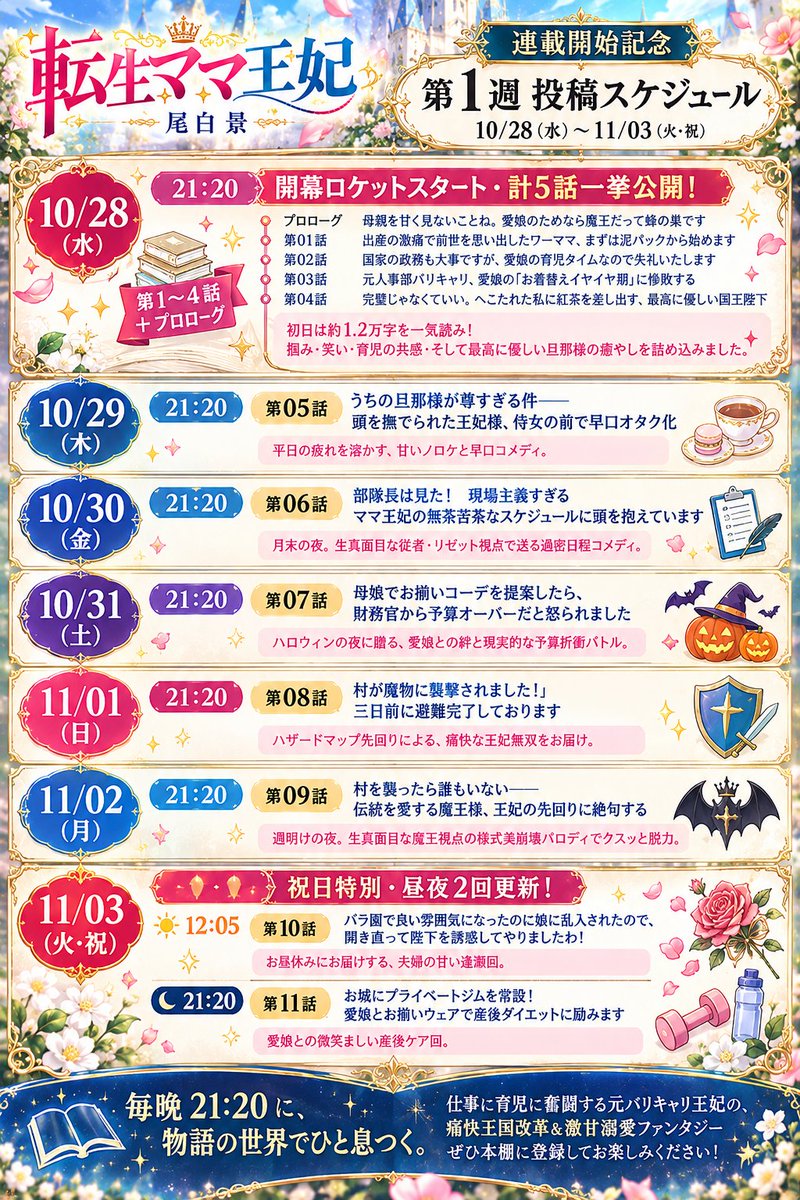 ojiro_kei's tweet photo. 「転生ママ王妃は、愛する夫と娘のためなら魔王だって止めてみせます！」
10/28（水）21:20公開開始！
こちらが投稿スケジュールです。

RPGあるあると育児が交錯する溺愛ロマンスコメディ✨️

毎日投稿で完成済、ハピエン確定でございます。ぜひ読みに来てくださいませ🐇
#カクヨム https://t.co/3yfQNw95EC