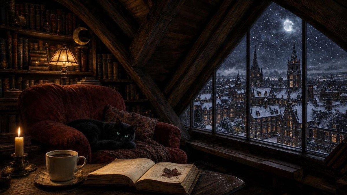 mochiloficafe's tweet photo. Snow drifts past a lamplit attic window while the candle burns low. An hour of quiet dark academia piano for reading and study at Mochi Cafe ❄️
https://t.co/Byg1ZnAeQA https://t.co/isDiTgG9hY