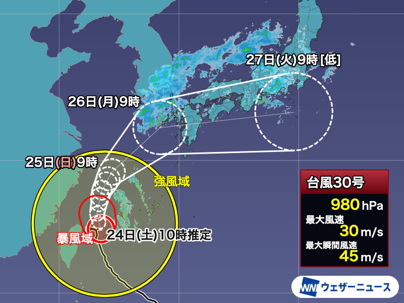wni_jp's tweet photo. 【台風情報】
大型の台風30号(チャンパー)は与那国島の北東の海上を東に進んでいるとみられます。
速度を落としたことで沖縄は荒天が長引いていて、しばらく警戒が必要です。
本州付近では前線の活動が活発になり、週明けにかけて大雨のおそれがあります。
https://t.co/fH4u6UvZq1 https://t.co/0Tzbg87F2B