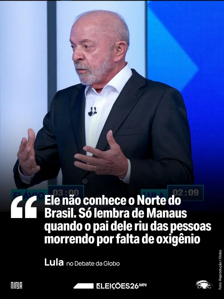 MidiaNINJA's tweet photo. MANAUS VOLTOU PRO CENTRO DO DEBATE.

Lula relembra a crise do oxigênio no Amazonas e a postura de Jair Bolsonaro durante a pandemia, quando chegou a imitar pessoas com falta de ar em transmissões ao vivo.

#LulaNaGlobo #DebateNaGlobo https://t.co/JMrrm1CasH