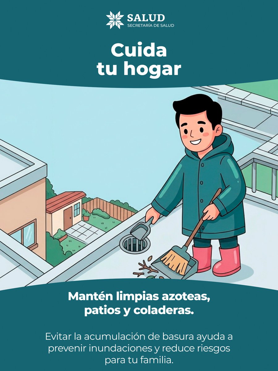OrigenyDestinoH's tweet photo. 🏡🌧️ La prevención también comienza en casa. Mantener limpios patios, azoteas y coladeras ayuda a reducir riesgos durante la temporada de lluvias y protege a tu familia.

#PrimeroTuSalud
#origenydestinodehidalgo https://t.co/BAPa4r6s5D