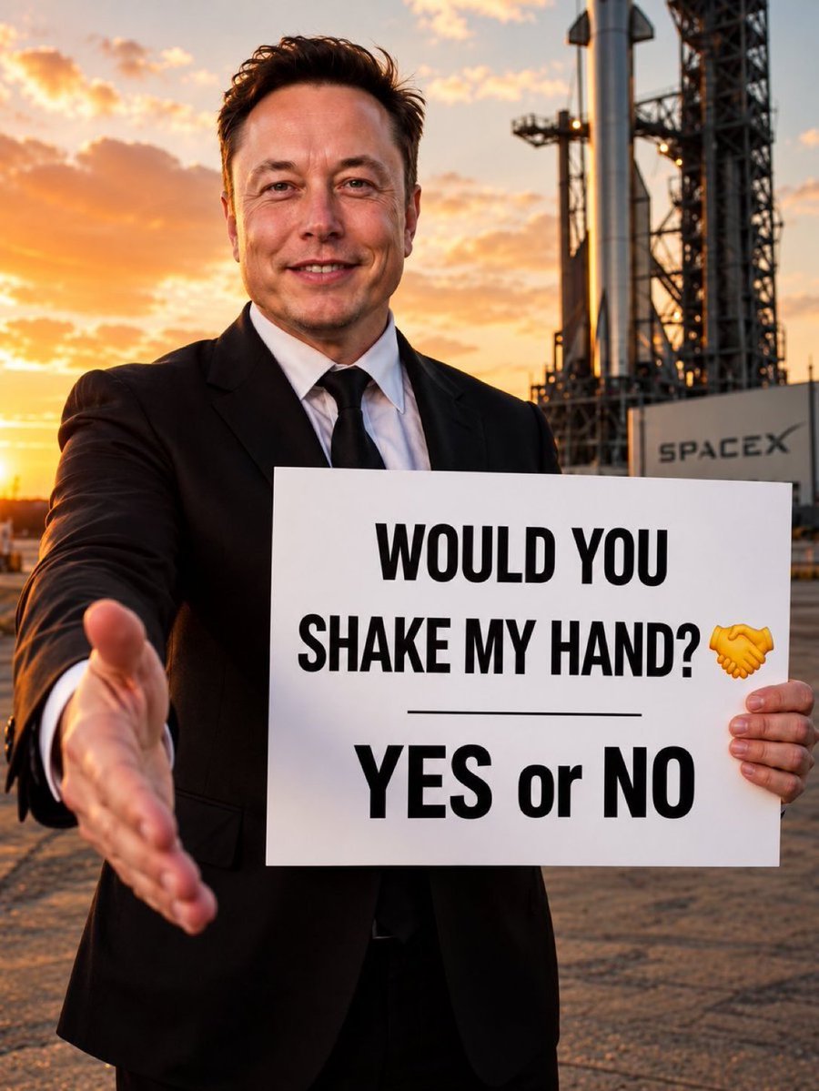 FutureElonztw's tweet photo. 🚀🤝 Would you shake Elon Musk’s hand?

🟢 Yes 👍 🔴 No 👎

👇 Vote now! https://t.co/ftd1RsJOXL