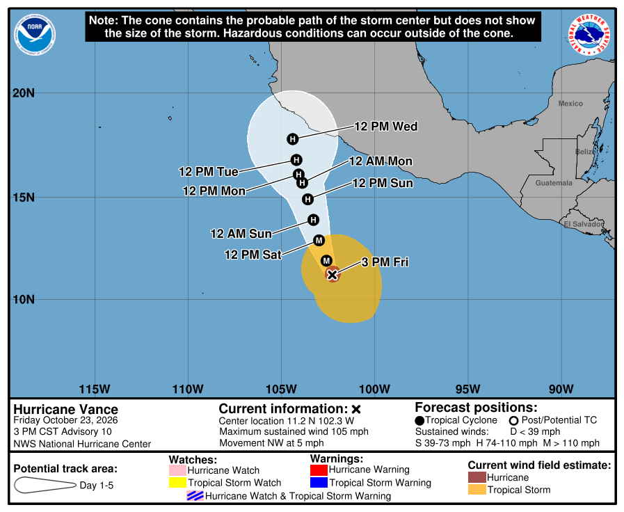 atlanticstorms's tweet photo. #HURRICANEVance [Wind Decr] Heading NW @ 5 mph. Wind @ 105 mph. Location N:11.2 W:-102.3 #Hurricane #Vance Lassie https://t.co/wwwuKfyjMW